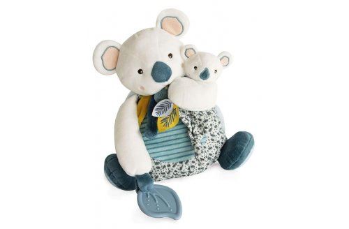 Peluche yoca le koala 25 cm avec bebe et anneau de dentition - pantin activites eveil - set doudou naissance et carte animaux