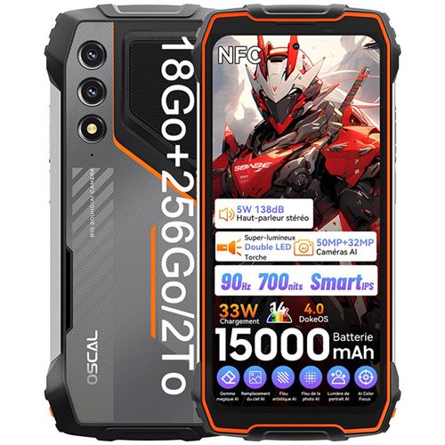OSCAL PILOT 1 Téléphone Portable Incassable Écran 6.67 16Go+256Go 15000mAh 50MP+32MP Android 14 Double SIM,NFC,GPS - Orange