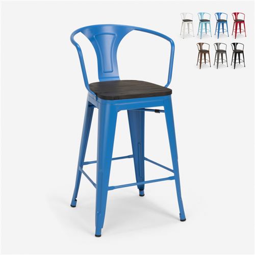 Tabouret en bois de métal avec dossier design industriel de style Tolix Steel Wood Back, Couleur: Bleu