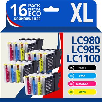 123CONSOMMABLES - LC1100 LC980 LC985 - Pack 16 cartouches compatibles avec Brother DCP-195C DCP-585CW DCP-385C DCP-375CW MFC-990CW MFC-6490CW MFC-490CW MFC-5890CN MFC-J615W - 1