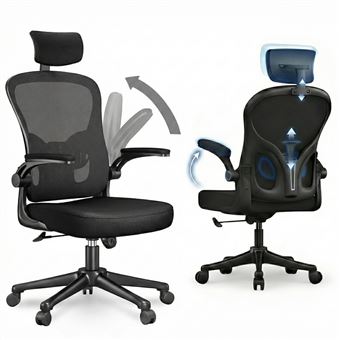 Fauteuil de bureau - Chaise ergonomique, avec 2D accoudoirs et appui-tête, Hauteur Réglable, à Roulettes 360°, Noir - 1