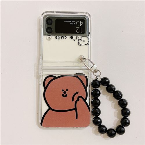 Coque Pour Samsung Galaxy Z Flip 3 Frusde Mignon Animal Transparente Etui avec Bracelet-Ours Brun