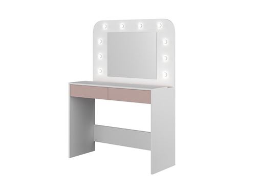 Coiffeuse JOSEPHINE - Miroir à LEDs et rangements - Blanc et rose