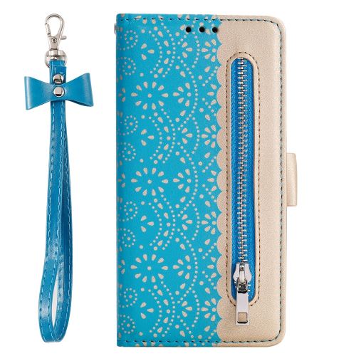Etui en PU Pochette zippée à motif de fleurs en dentelle avec cordon bleu pour votre Samsung Galaxy A40