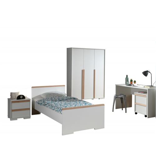 Lit 90x200 - Chevet 2 tiroirs - Armoire 3 portes - Bureau et Caisson de bureau London - Blanc
