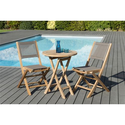 Salon de jardin en bois teck grade A, comprenant 1 table ronde pliante 60*60cm et 1 lot de 2 chaises pliantes textilène taupe