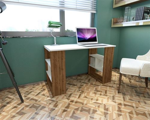 HOMEMANIA Bureau Clove avec Étagères - pour Bureau, Chambre - Noyer, Blanc en Bois, 120 x 60 x 75 cm