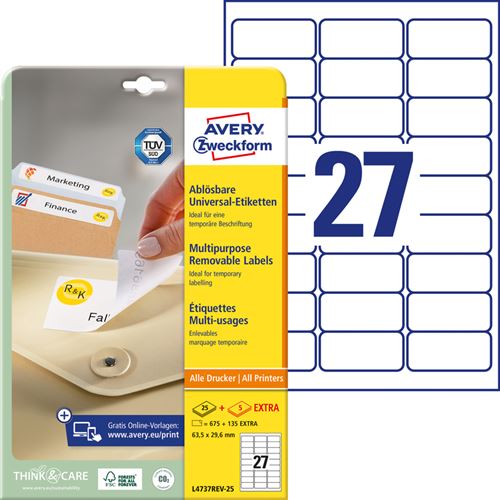 Avery Zweckform Etiquette Stick+Lift, 63,5 X 29,6 Mm, Blanc