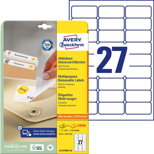 Avery - Adhésif amovible - blanc - 63.5 x 29.6 mm 675 étiquette(s) (25 feuille(s) x 27) étiquettes