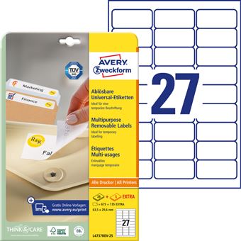Avery - Adhésif amovible - blanc - 63.5 x 29.6 mm 675 étiquette(s) (25 feuille(s) x 27) étiquettes - 1
