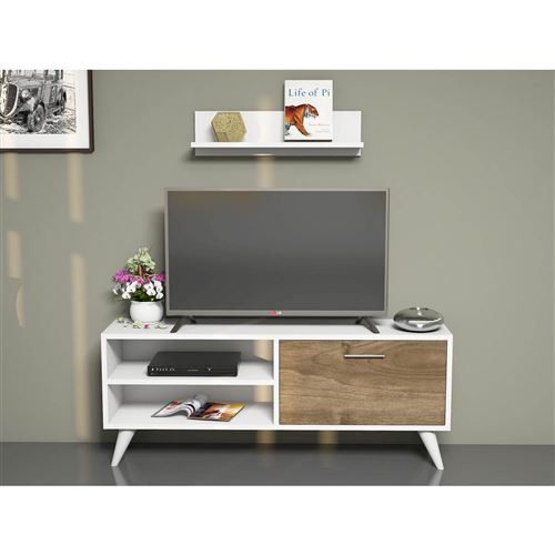 HOMEMANIA Meuble TV Party Moderne - avec Porte, Étagères - pour Salon - Blanc en Bois, 120 x 29,7 x 48,6 cm