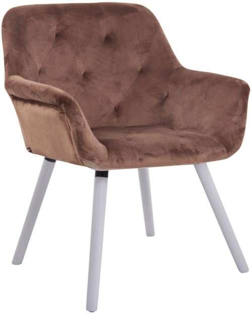 Chaise de Salle à manger Cassidy en Velours - Chaise avec accoudoirs - Piètement Bois de hêtre Blanc - Couleur Marron