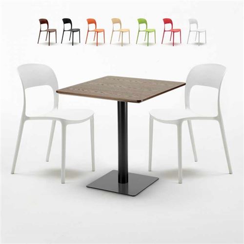 Table carrée 60x60 pied noir et plateau bois avec 2 chaises colorées Restaurant Kiss, Couleur: Blanc