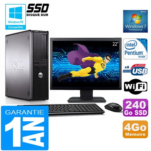 PC Dell 380 Dt Intel E5300 Ram 4Go Disque 240 Go SSD WiFi W7 Ecran 22'