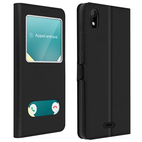 Avizar Housse pour Wiko Y61 Protection intégrale Double Fenêtre Support Vidéo Noir