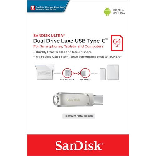 SanDisk Ultra Luxe 64 Go Clé USB 3.1 Type-C double connectique 150MB/s -  Processeurs - Achat & prix