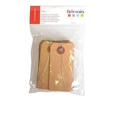 Set de 50 &eacute;tiquettes en papier kraft avec fil en m&eacute;tal 4x9cm