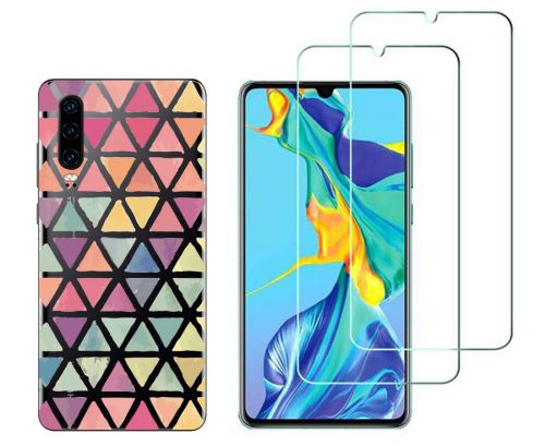 Coque et films pour Huawei P30 - Coque fantaisie Souple Solide Anti Choc + 2 Films Protection écran Verre trempé résistant - Triangles