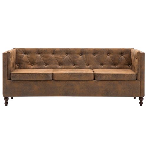 vidaXL Driezitsbank Chesterfield-stijl suède-look stoffen bekleding bruin