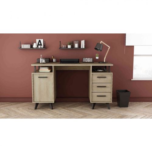 Bureau 1 porte 3 tiroirs en bois chêne kronberg - BU151