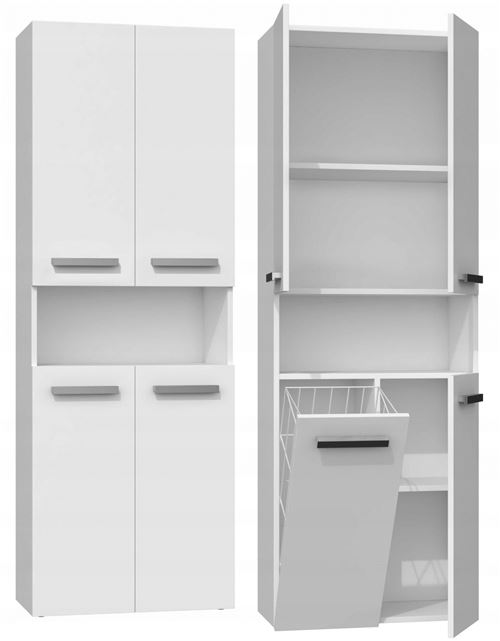 GLAZE | Armoire de salle de bain avec porte + panier | Style moderne | 174x60x30 cm | Colonne salle de bain | Blanc
