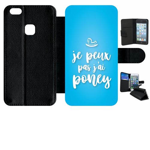 Etui à rabat huawei p10 lite je peux pas jai poney fond bleu