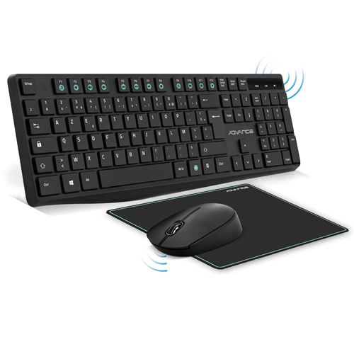 Suza Advance - Clavier, souris et tapis de souris - sans fil - 2.4 GHz - AZERTY - Français - noir