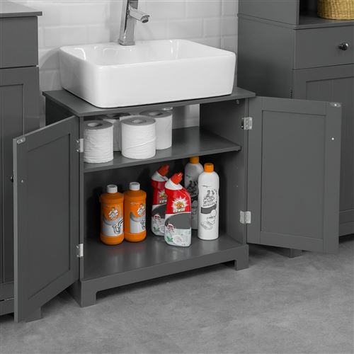 SoBuy® BZR18-DG Meuble sous-Lavabo à 2 étages et 2 Portes Meuble de Rangement de Salle de Bain en bois