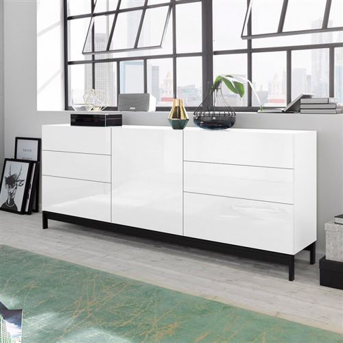 Buffet 170cm Blanc Brillant Porte 6 Tiroirs Metis Side Up