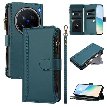 Étui FOXDOCK pour vivo X200 Pro 5G de téléphone de portefeuille de poche à fermeture éclair en cuir premium avec 9 emplacements de carte et bracelet de poignet détachable-Vert foncé - 1