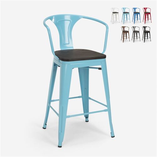 Tabouret en bois de métal avec dossier design industriel de style Tolix Steel Wood Back, Couleur: Turquoise