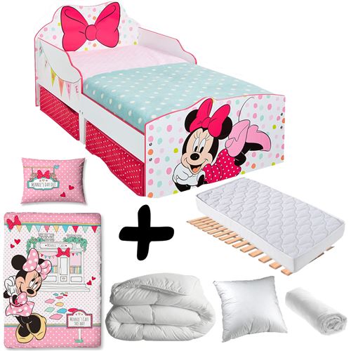 Pack complet Premium Lit Noeud Minnie tiroirs Disney = Lit+Matelas & Parure+Couette+Oreiller