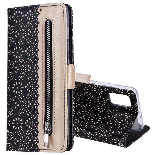 Etui en PU poche zippée en dentelle motif fleur noir pour votre Samsung Galaxy A51 5G SM-A516