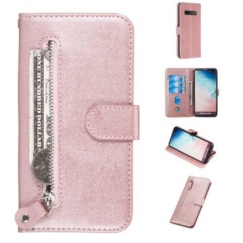 Etui en PU fermeture éclair avec support or rose pour votre Samsung Galaxy S10 Plus