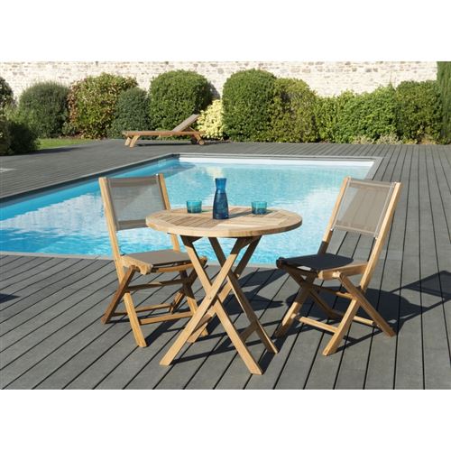 Salon de jardin en bois teck grade A, comprenant 1 table ronde pliante 80*80cm et 1 lot de 2 chaises pliantes textilène taupe