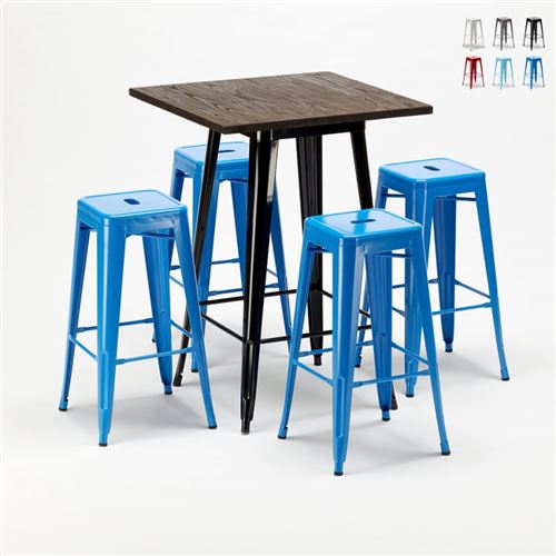 AHD Amazing Home Design - Ensemble Little Italy table haute et 4 tabourets en métal Tolix style industriel, Couleur: Bleu