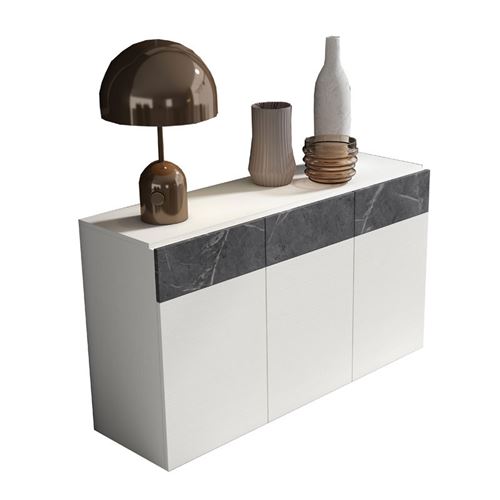 Buffet 3 portes Bois blanc/Marbre gris - CAMELIA
