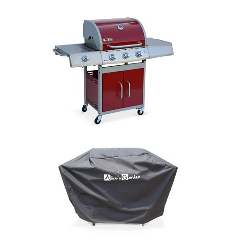 Barbecue gaz inox 14kW – Richelieu rouge – Barbecue 3 brûleurs + 1 feu latéral côté grill et côté plancha housse de protection incluse