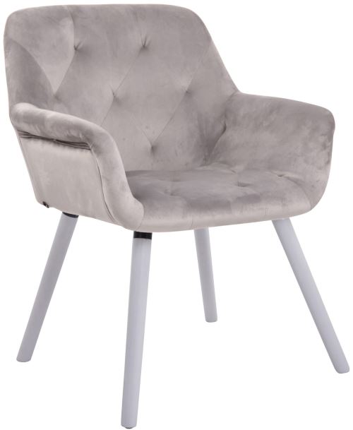 Chaise de Salle à manger Cassidy en Velours - Chaise avec accoudoirs - Piètement Bois de hêtre Blanc - Couleur Gris