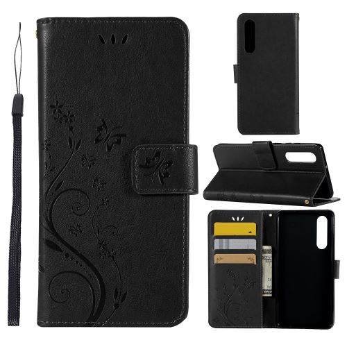 Etui en PU fleur papillon avec lanière noir pour votre Huawei P30