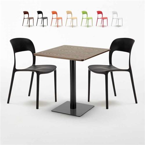 Table carrée 60x60 pied noir et plateau bois avec 2 chaises colorées Restaurant Kiss, Couleur: Noir