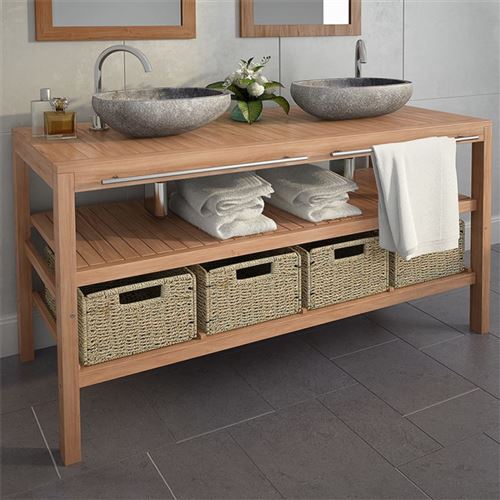 vidaXL Meuble de salle de bains avec 4 paniers Teck massif 132x45x75cm