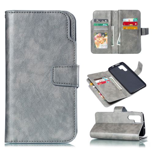 Etui en PU 9 fentes pour cartes avec support gris pour votre Huawei P30 Pro