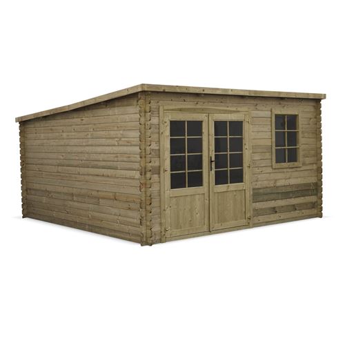 Abri de jardin contemporain 4 x 4 m traité autoclave classe 3, COURCHEVEL en bois FSC de 16,8 m², structure en madriers 28 mm, sapin du nord