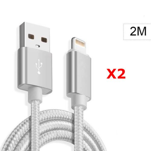 X2 Cable Metal Nylon Renforce Chargeur USB Couleur Argent pour IPhone Longueur 2m Tréssé Compatible IPhone 5s/6/6S/7/8/X/Xr X2 Little Boutik®