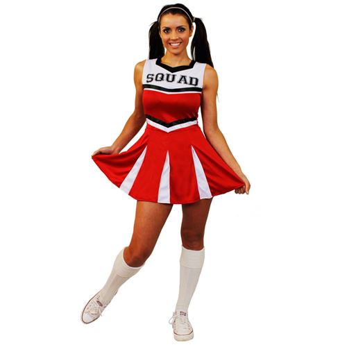 Déguisement pour femme de cheerleader avec un ensemble rouge haut et jupe en 1 pièce. Idéal pour les enterrements de vie de jeune fille. ( XXLarge )