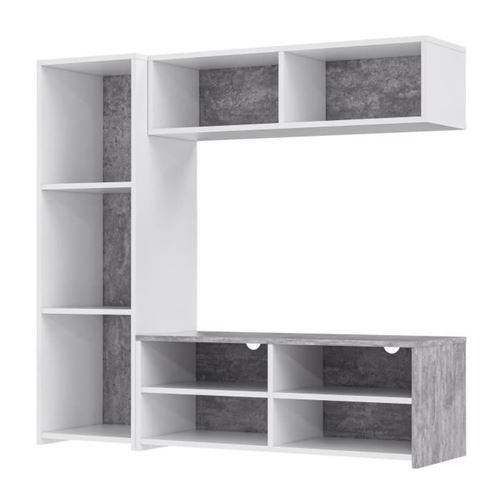 PILVI Meuble TV - Blanc et beton gris clair - L 143,5 x P 40 x H 129 cm