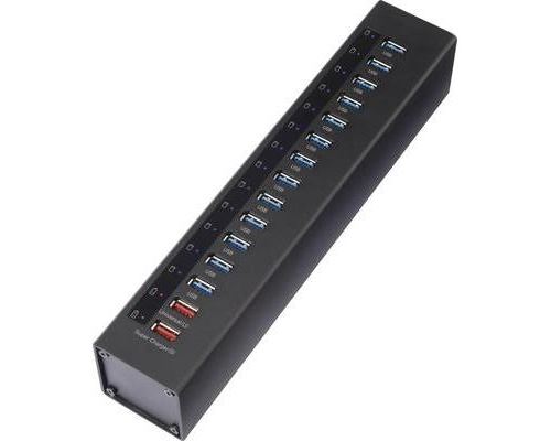 13+2 ports hub usb 3.0 boîtier en aluminium, avec port de charge rapide renkforce noir 1305503