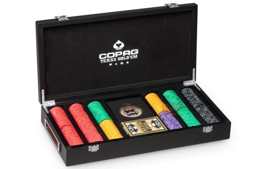 Cartamundi - 104007337 - Jeu de Société - Copage Coffret Bois Luxe - 300 Jetons - 1 Jeu Texas Hold'em 100% Plastic + 1 Dealer Métal - Noir - 14 grams