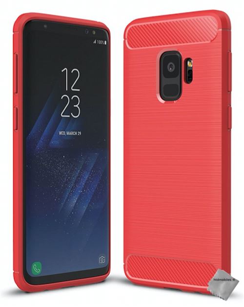 Housse etui coque silicone gel carbone pour Samsung Galaxy S9 avec film ecran - ROUGE